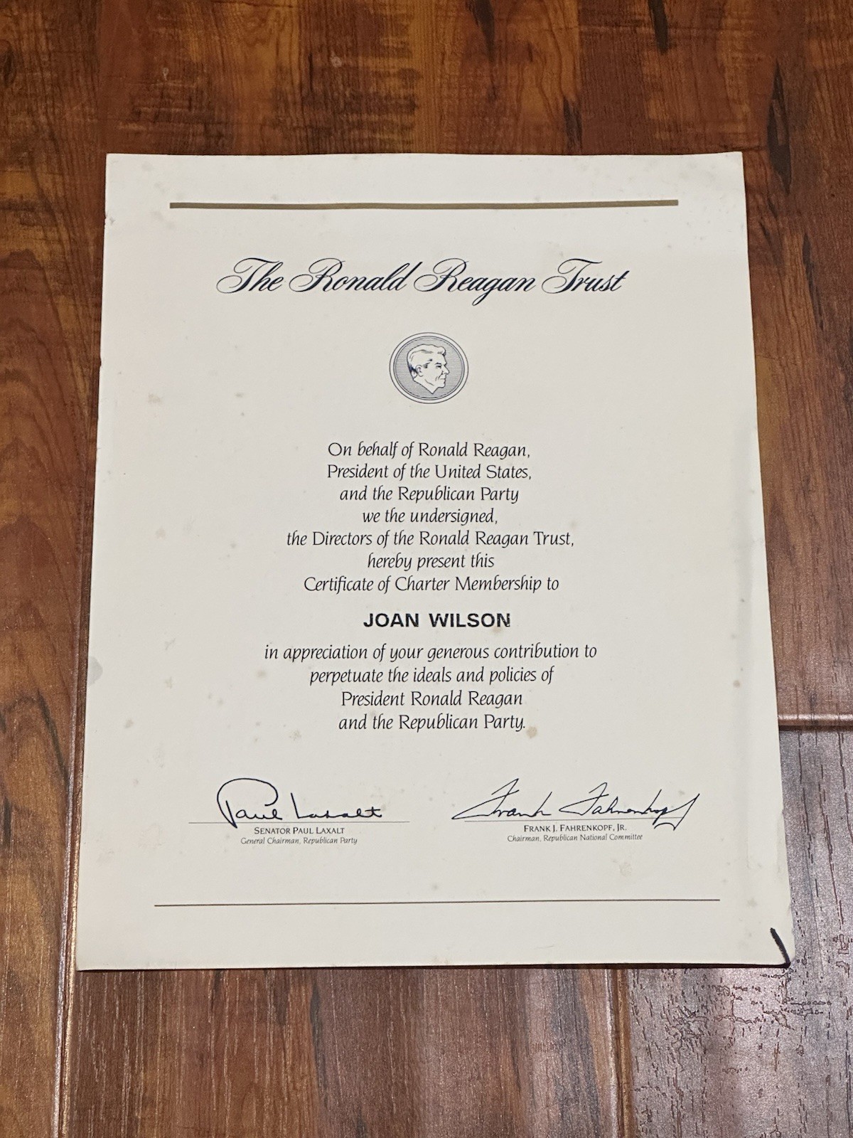 Vintage The Ronald Reagan Trust Republican Party Charter Membership Certificate