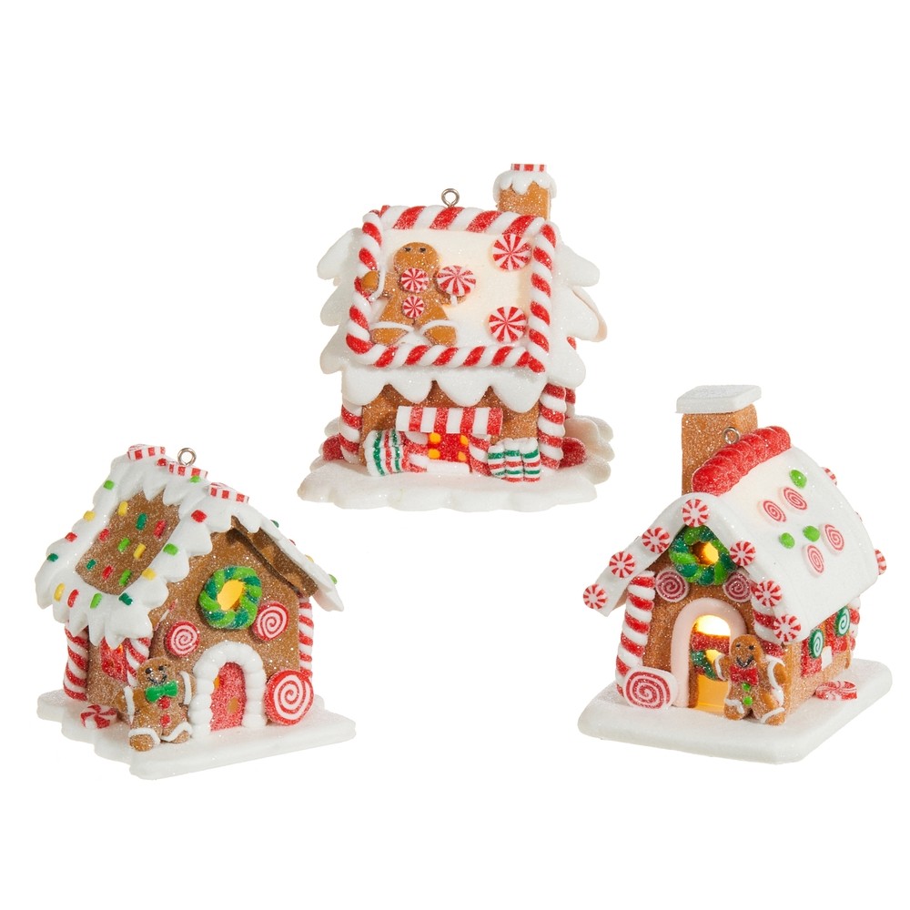 RAZ Imports Gingerbread House Ornament Set of 3 Lighted Clay Dough Christmas NEW RAZ Imports Gingerbread House Ornament Set of 3 Lighted Clay Dough Christmas NEW