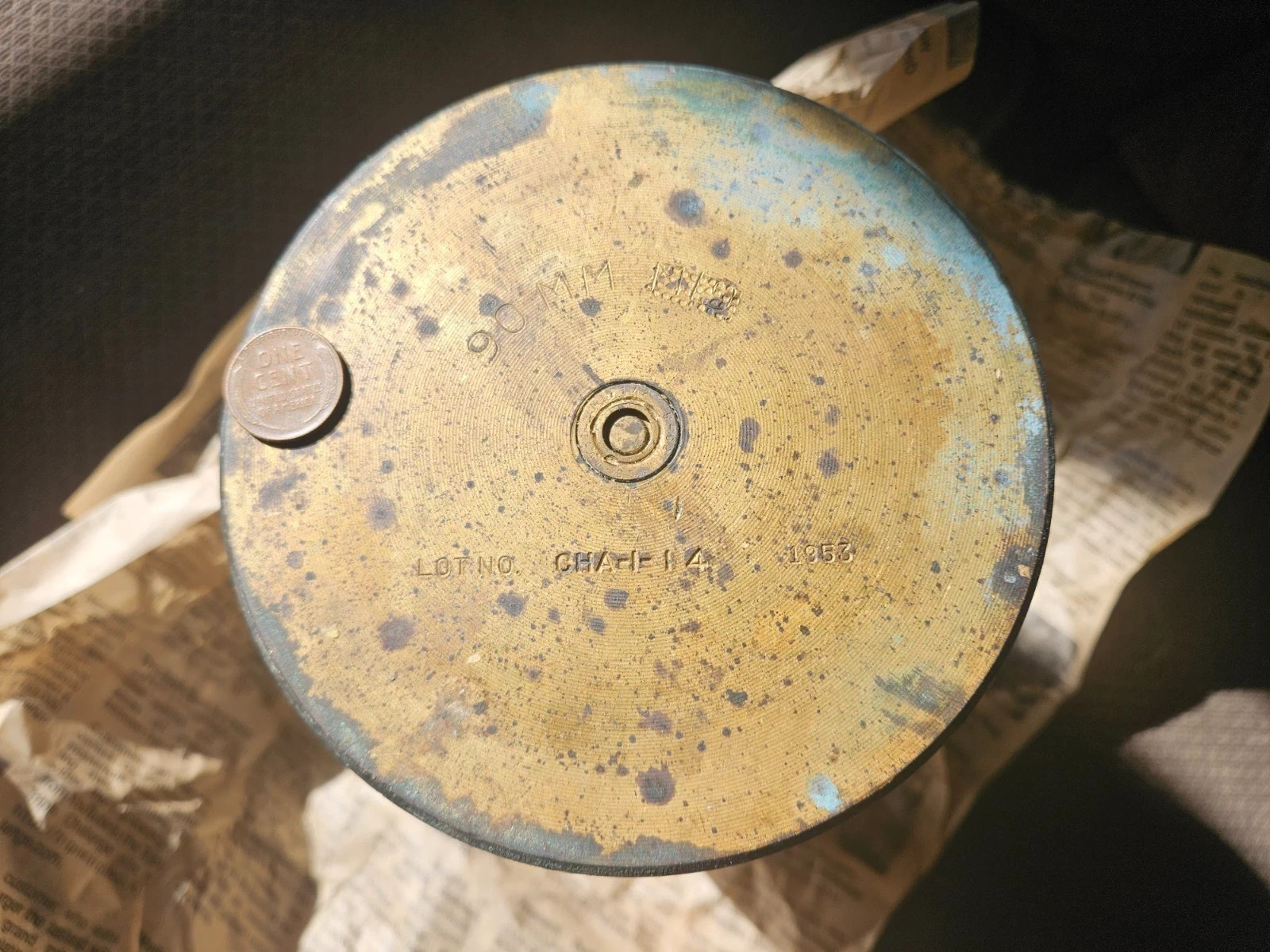 Brass Artillery Ashtray pencil holder 12 Inch Tall Trench Art 1953, 90MM M-19