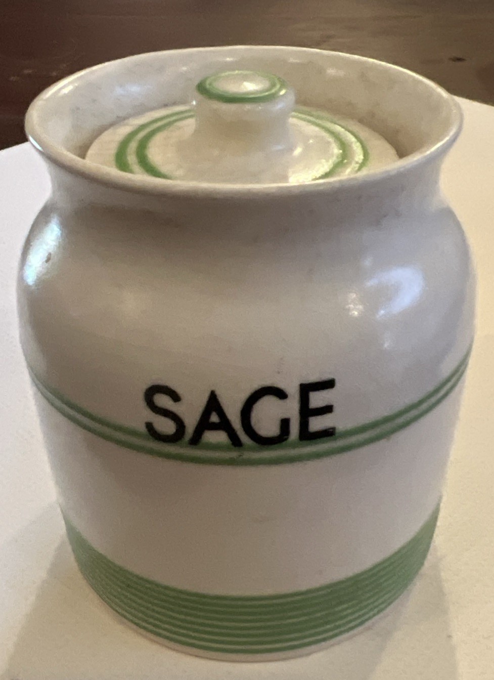 Vintage Sadler Kleen Kitchen Ware SAGE Storage Jar Canister Green Stripe w Top
