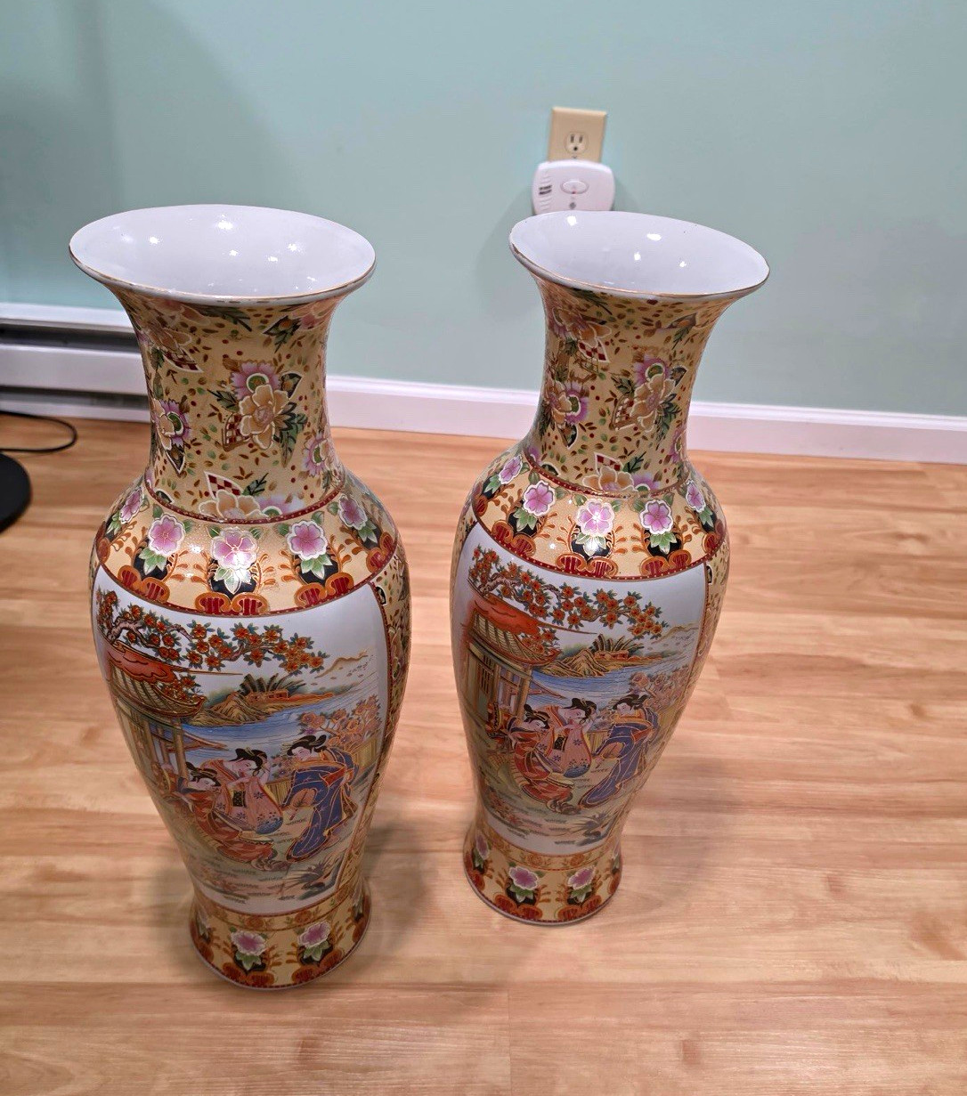 24” Pair Japanese Satsuma Style Moriage Vases Geisha Hand Painted Gold Vintage
