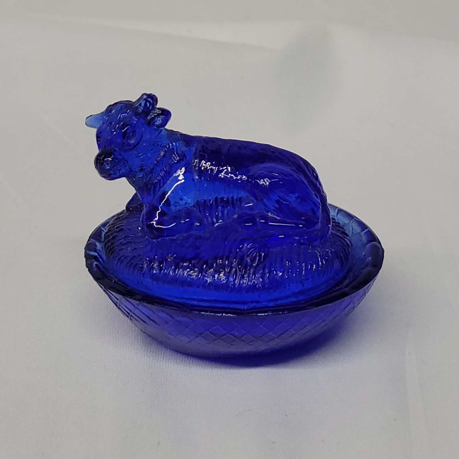 Cobalt Blue Pressed Glass Mini Cow Steer Nesting Salt Cellar Dish CHIPPED