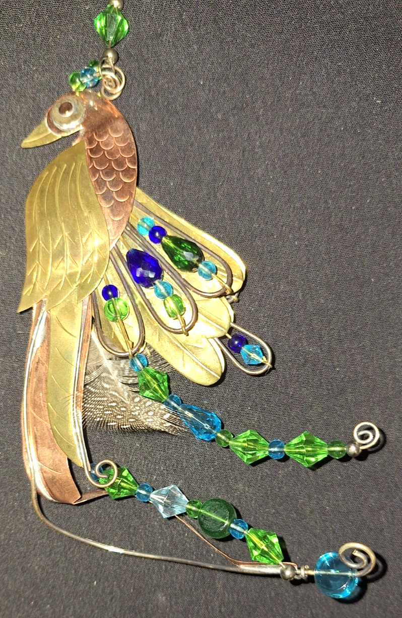 NWT VTG CHICO'S JEWELED PEACOCK COPPER BRASS BEADS & FEATHER CHRISTMAS ORNAMENT