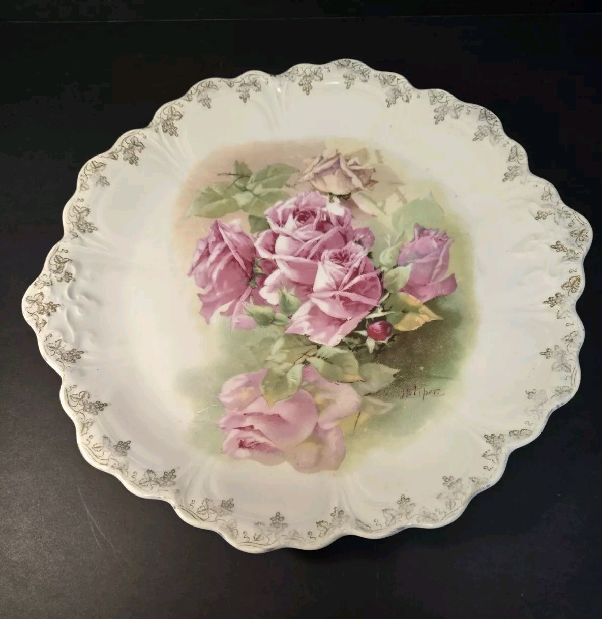 Antique Z.S. & Co. Bavaria Pink Roses Scalloped Edges 12.75\ Antique Z.S. & Co. Bavaria Pink Roses Scalloped Edges 12.75\