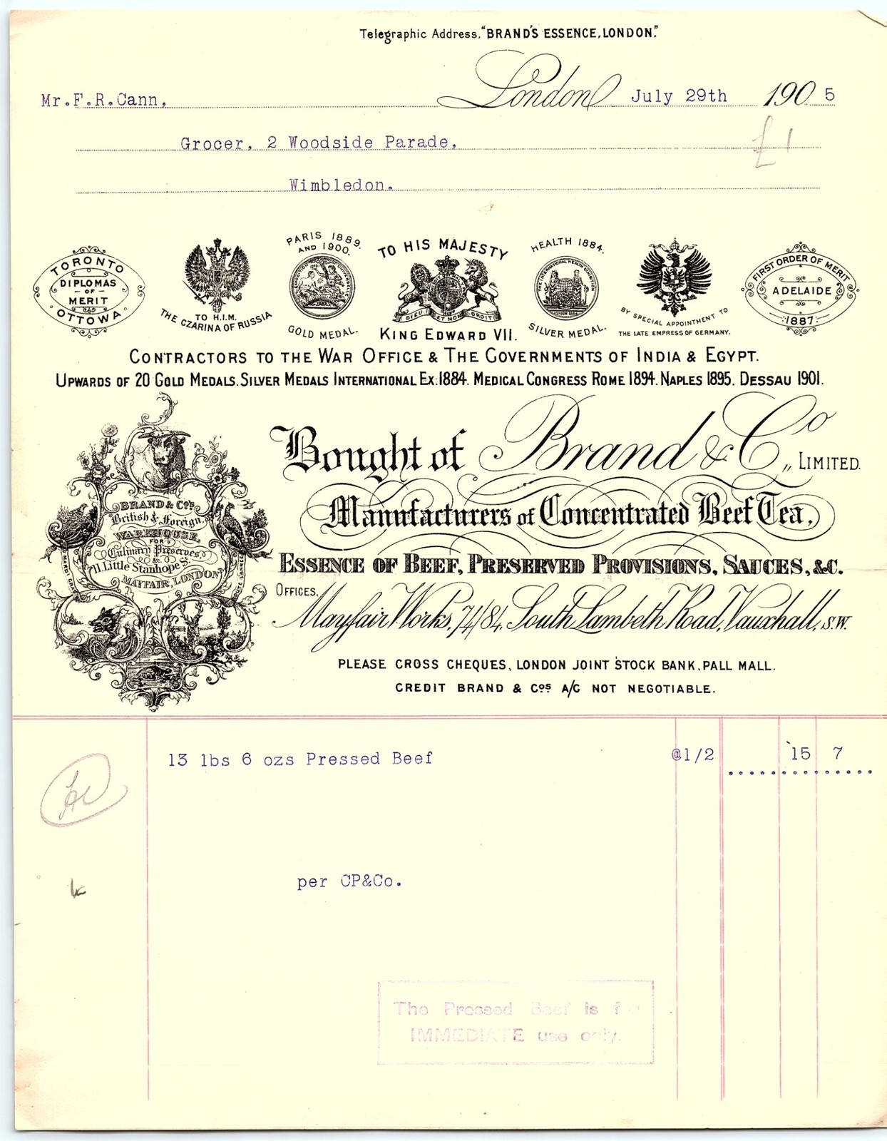 1905 London Brand & Co. Beef & Provisions Billhead