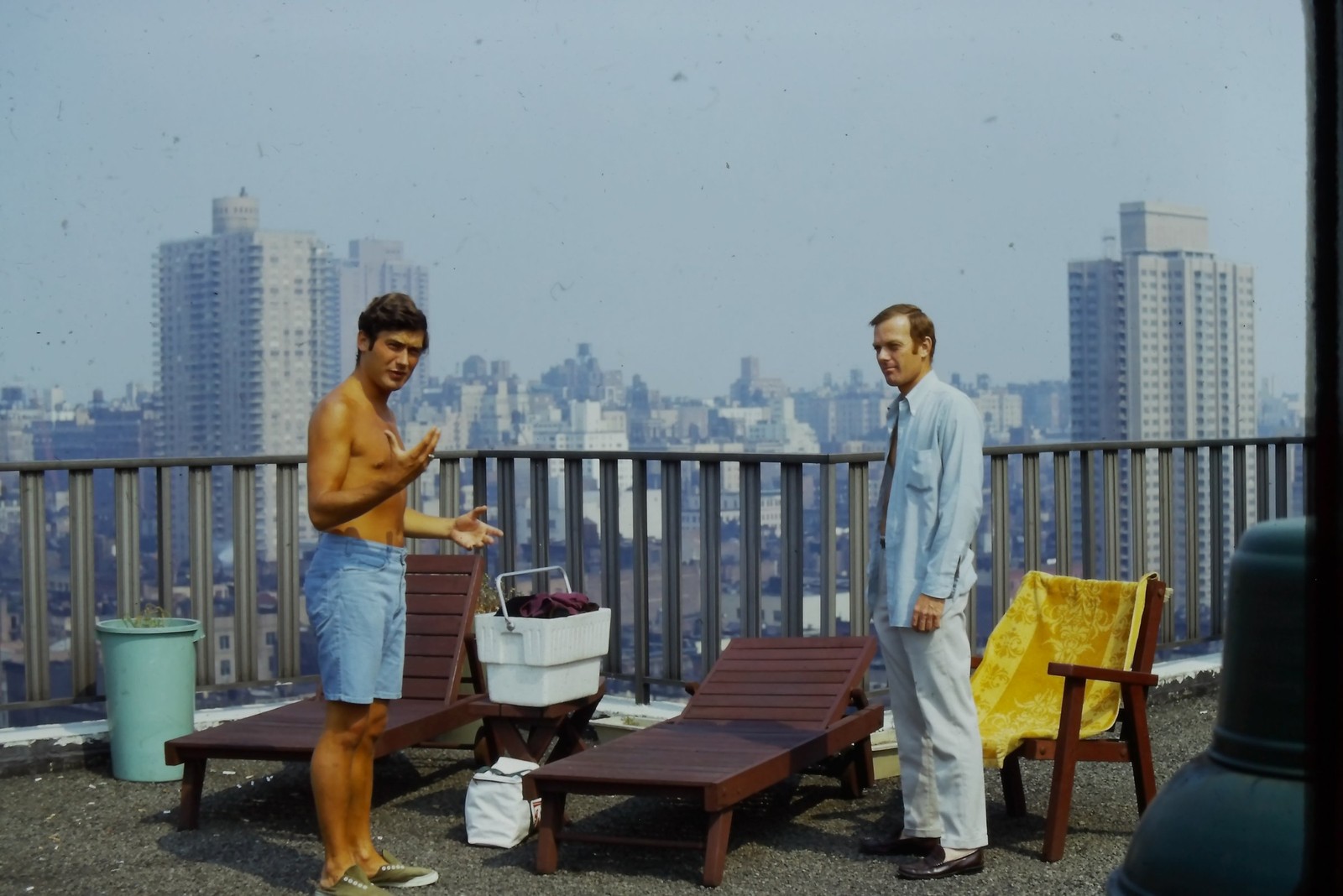 c1970's Kodachrome 35mm Slide, Men Rooftop City Skyline Lounge Chairs swimming c1970's Kodachrome 35mm Slide, Men Rooftop City Skyline Lounge Chairs swimming