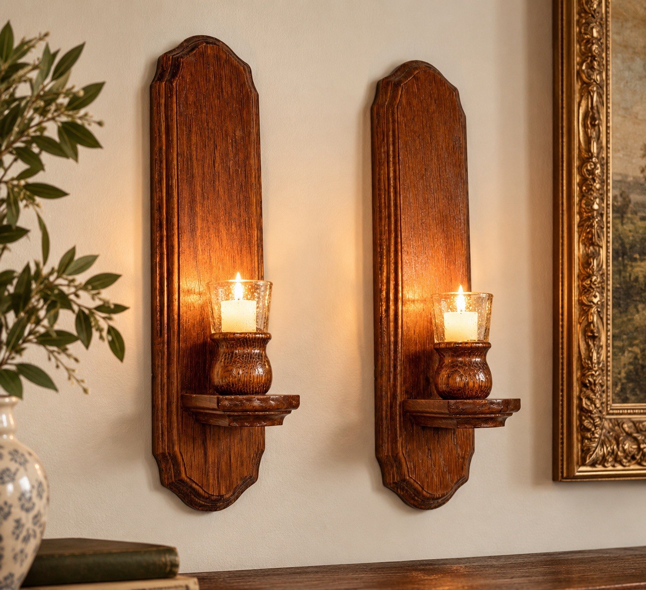 Vintage Homeco Wooden Wall Sconce Set Pair Light Oak  Cottagecore Farmhouse 