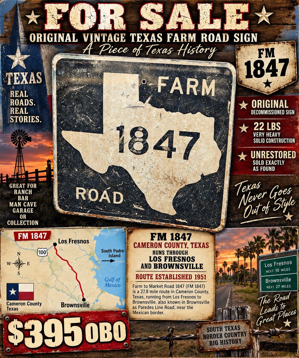 “ORIGINAL VTG TEXAS FARM ROAD 1847 SIGN •  HEAVY CONSTRUCTION • UNRESTORED