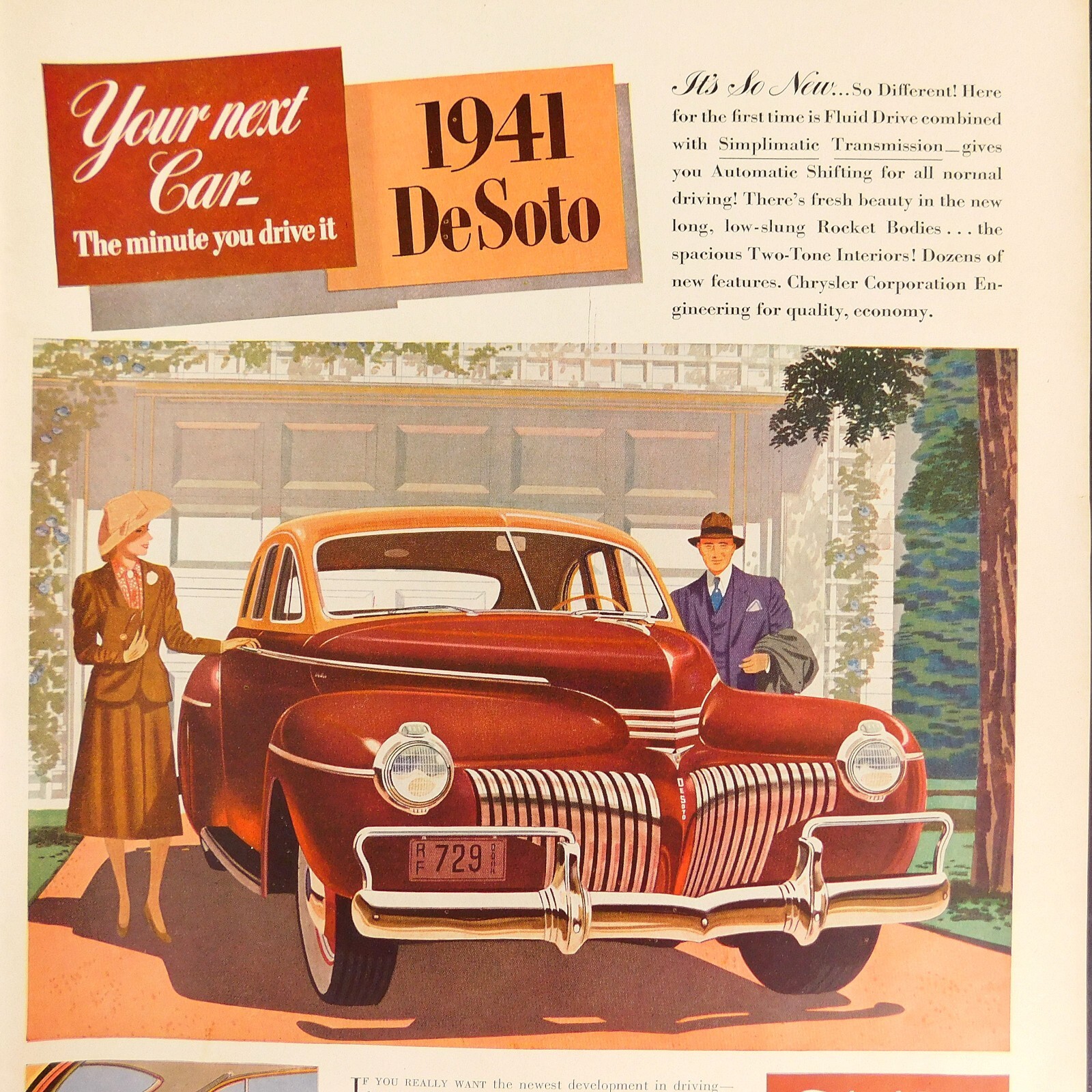 1941 DeSoto Vintage Print Ad Brown, Fluid Drive, Simplimatic Transmission