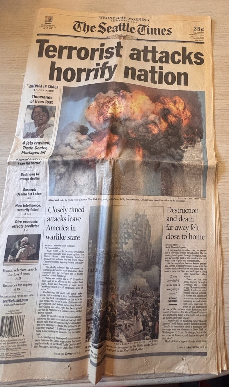 September 12, 2001 Seattle Times Newspaper 9/11 Twin Towers Terrorist Attack September 12, 2001 Seattle Times Newspaper 9/11 Twin Towers Terrorist Attack