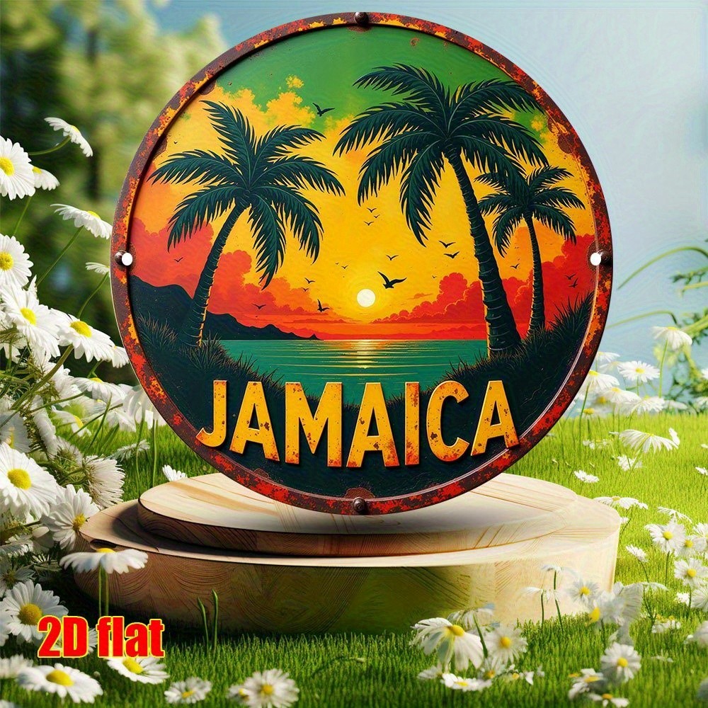 Vintage Jamaica Tropical Sunset Round Tin Metal Signs Home Décor 8x8