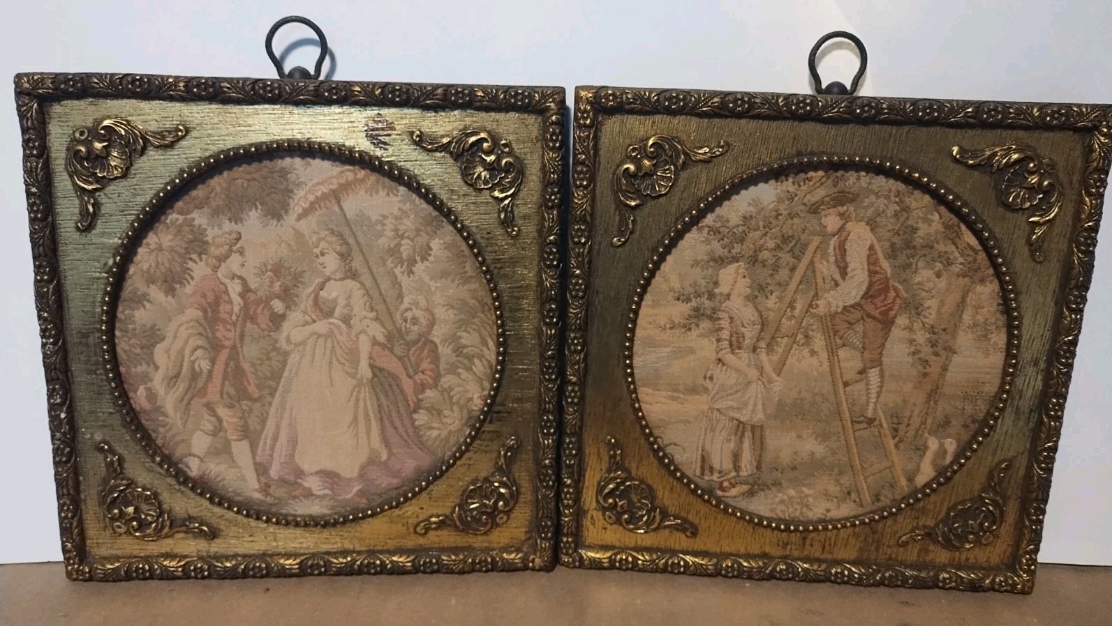 VTG Sungott Art Studio 1800's Style Italian Florentine Frame Courting Tapestries VTG Sungott Art Studio 1800's Style Italian Florentine Frame Courting Tapestries