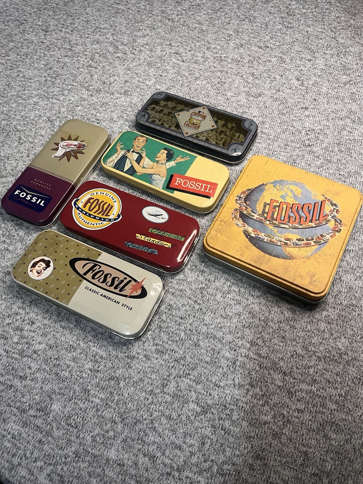 Vintage Fossil Watch Tin Boxes Lot of 6 1990s Retro Advertising Collectible Tins