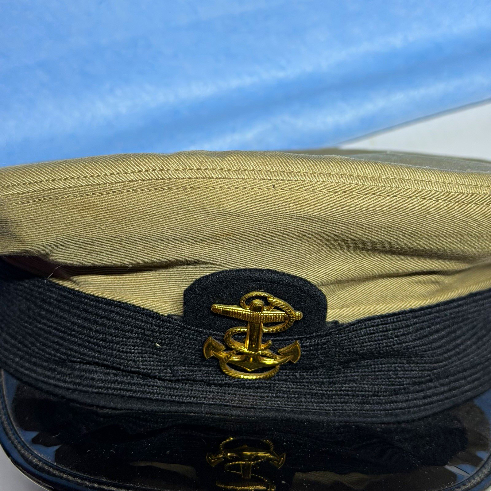 Vtg US Navy CPO Combination Cap Khaki Size 7 1/8 Wicker Frame Mid-Century USN