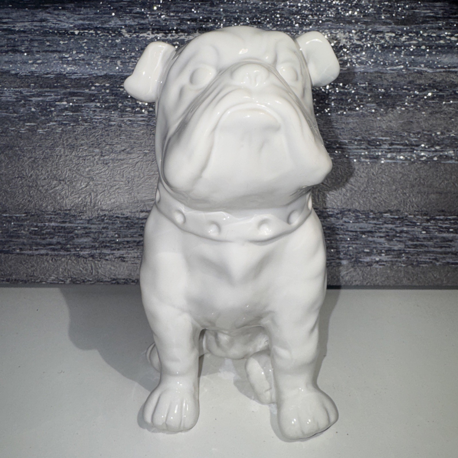 White Ceramic Sitting British Bulldog Statue  8”