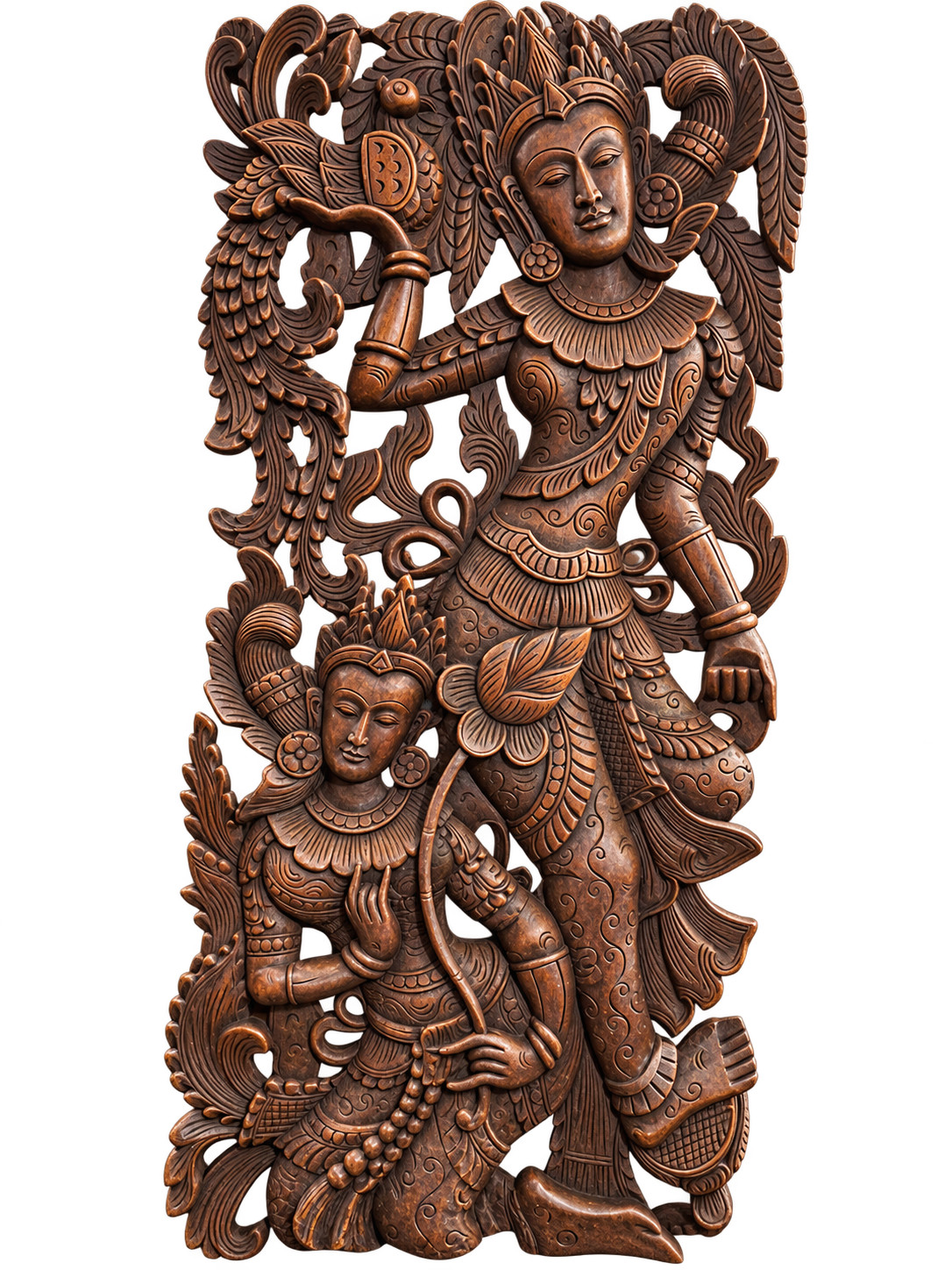 Vintage Balinese Hand Carved 3D Wood Relief Panel