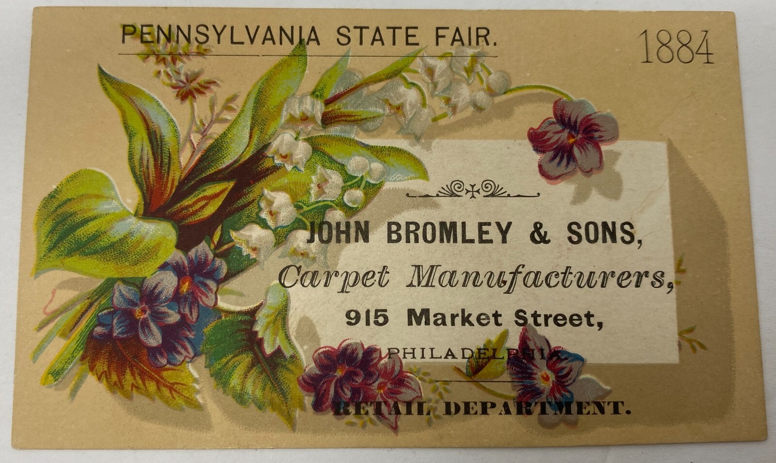 1884 Pennsylvania State Fair John Bromley & Sons Carpet Manuf Phila Trade Card 