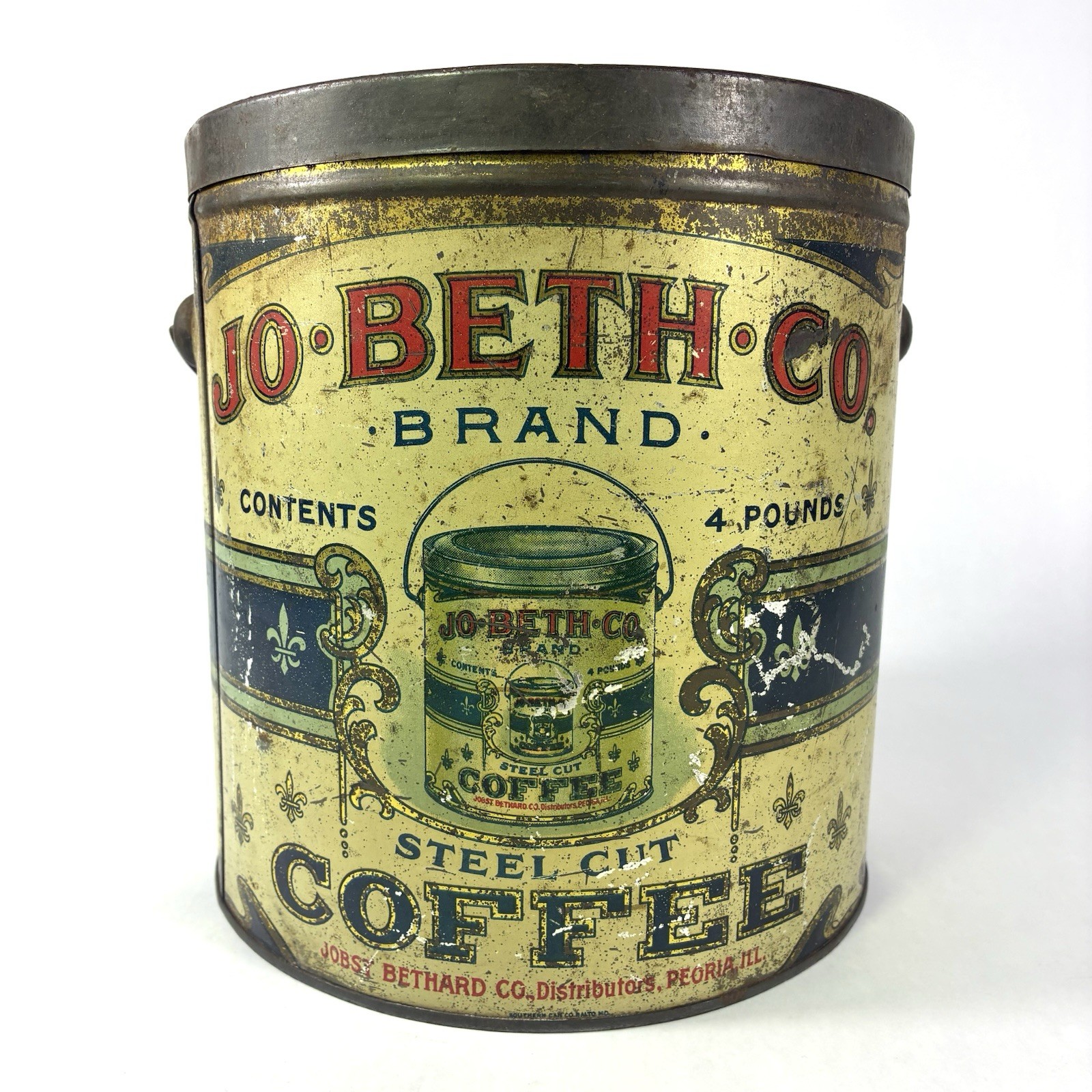 Rare Antique Jo-Beth-Co Coffee Tin 4lb Advertising Lg Pail Bethard Peoria ILL