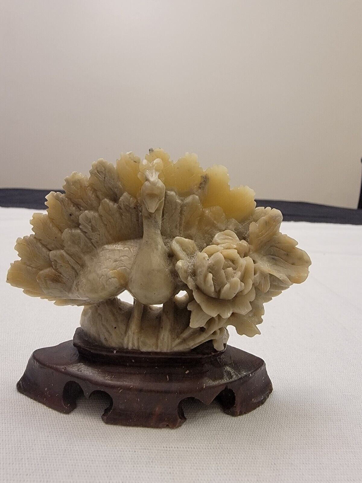 Vintage Chinese Intricate Carved Peacock an Flower  Soapstone Figurine