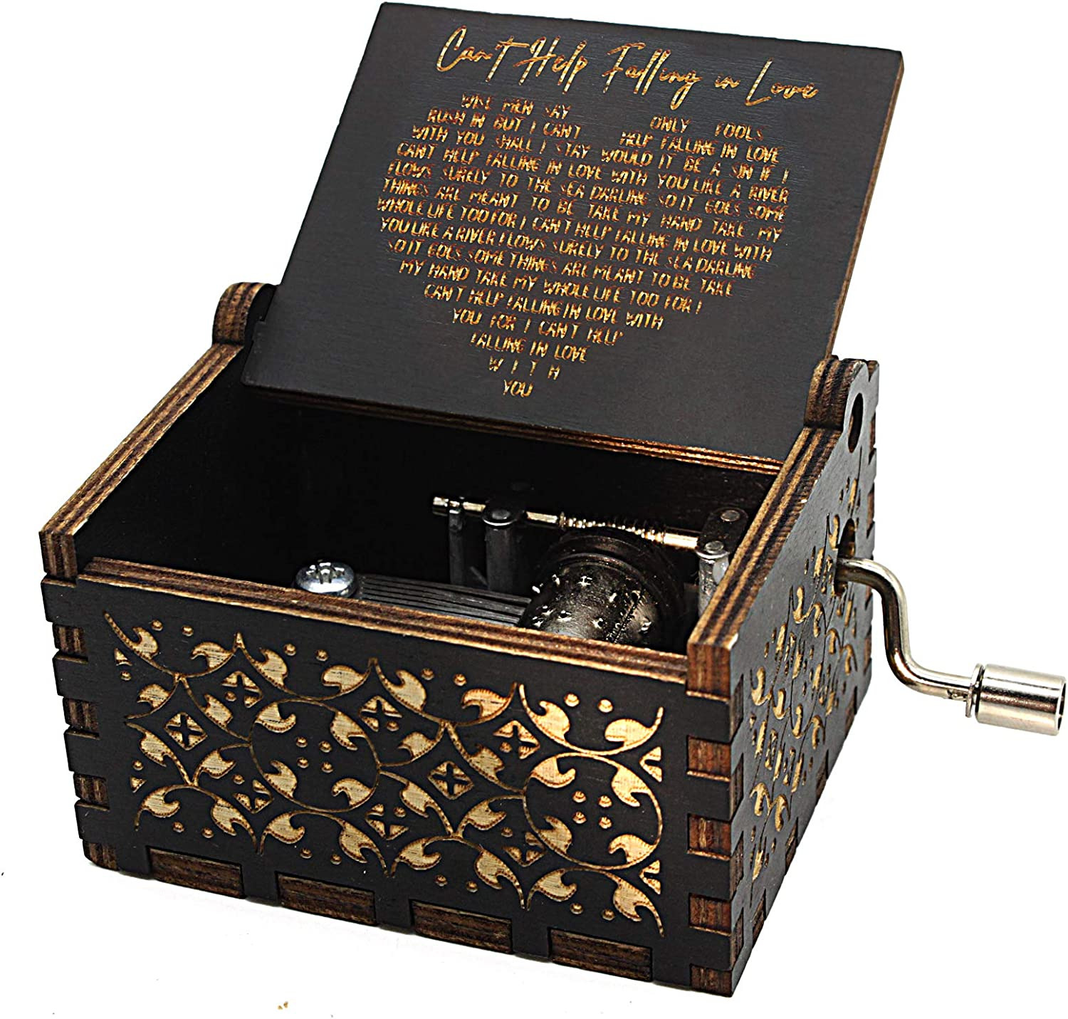 Can'T Help Falling in Love Wood Music Box, Antique Engraved Musical Boxes Case f