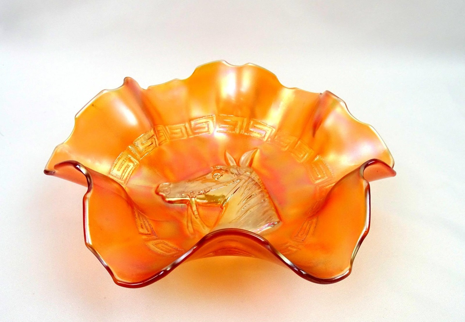 Mosser Glass Gary Levi Carnival Glass Pony Marigold Iridescent 8 5/8\