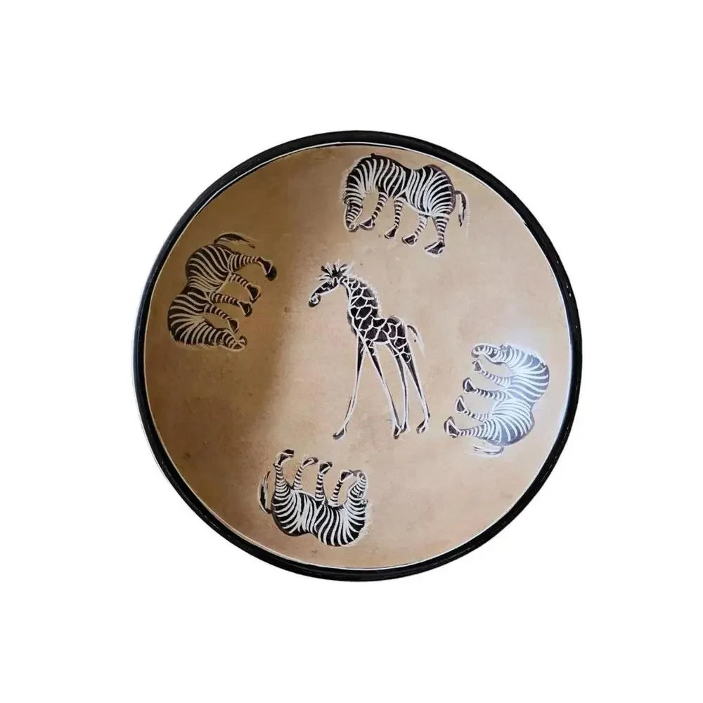 Vintage African Kisii Soapstone Bowl 8 Inch Hand Carved Zebra Giraffe Safari Art
