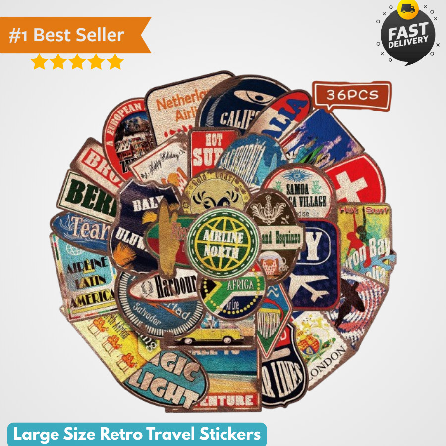 36 PCS Large Size Retro Travel Stickers for Suitcase, Aesthetic Vintage Travel S