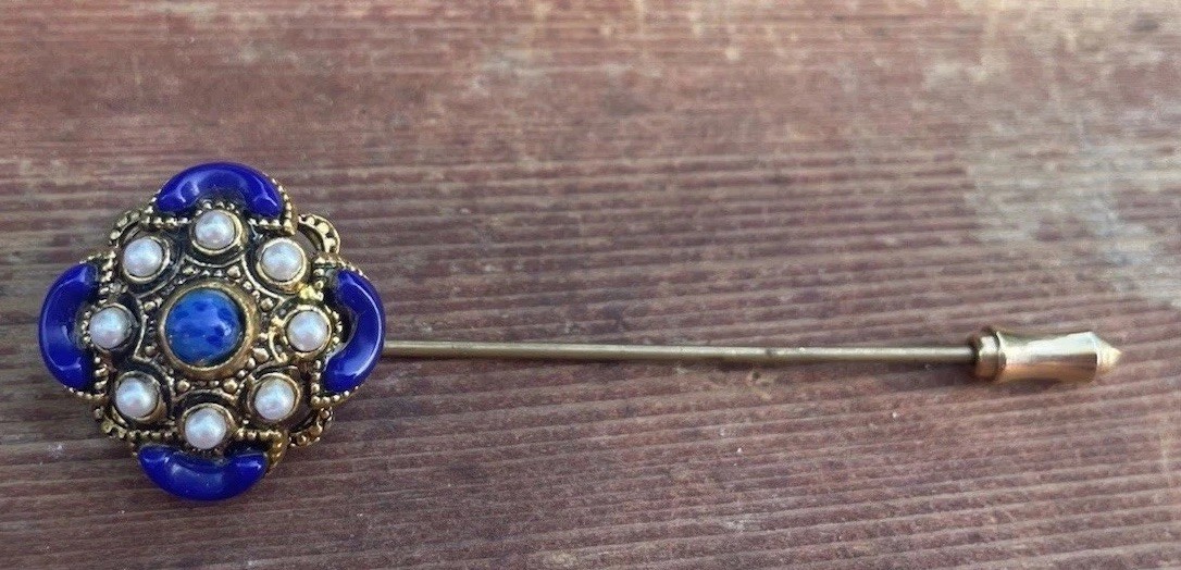 Vintage West German Gold Tone Hatpin Stick Pin Blue Cabochon w/ Faux Pearl Metal