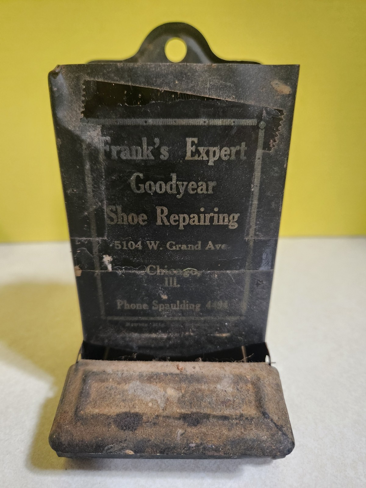 Antique Franks Expert GOODYEAR Shoe Repair Wall Mount Tin Matchbox Holder Ch. IL Antique Franks Expert GOODYEAR Shoe Repair Wall Mount Tin Matchbox Holder Ch. IL