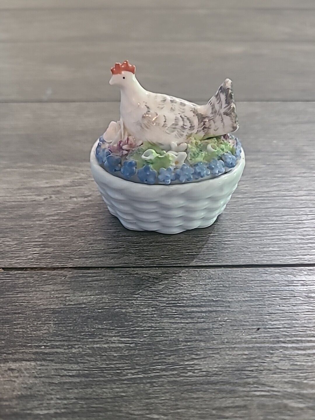 Antique Elfinware Germany Mini Hen On Basket Porcelain Trinket Box