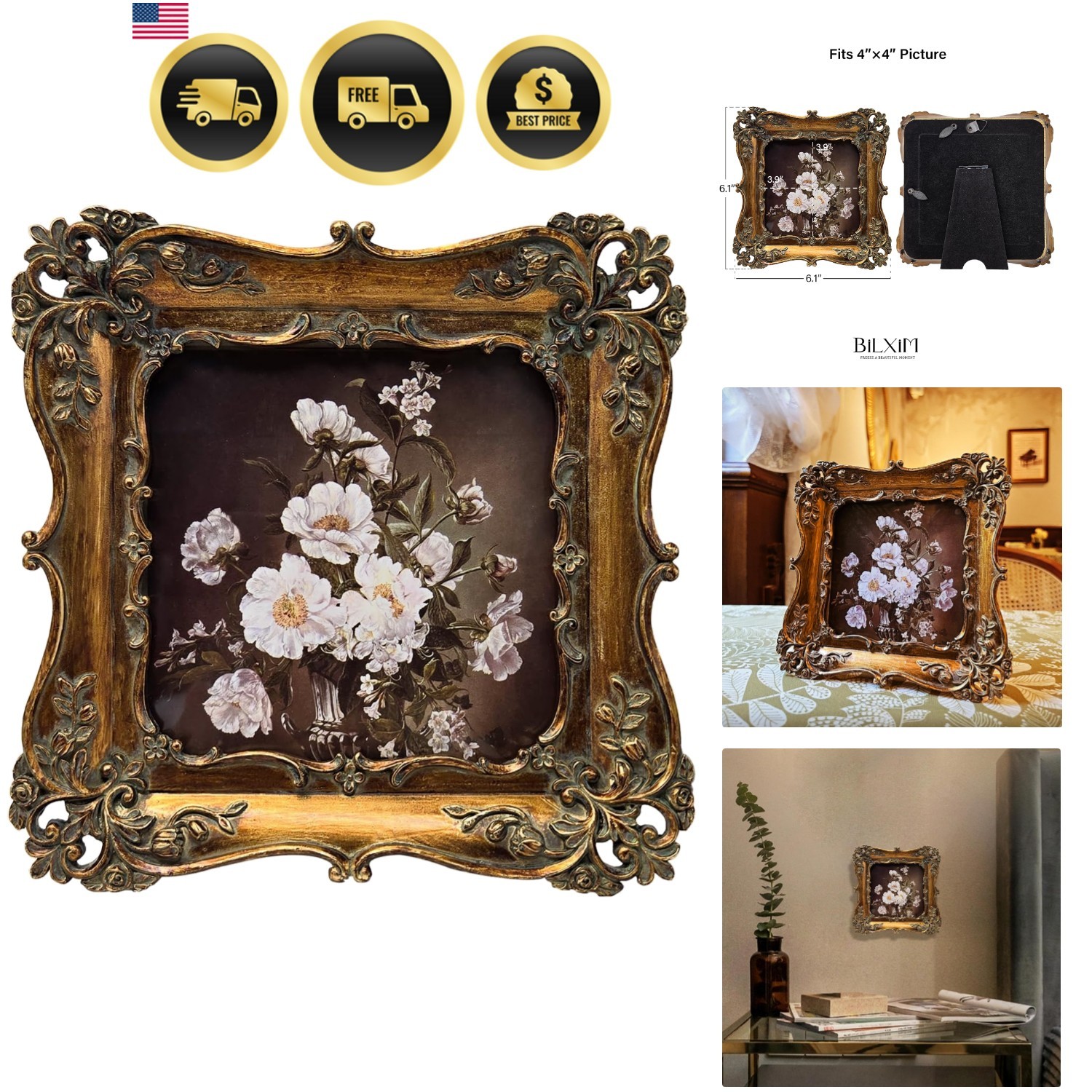 4x4 Small Vintage Picture Frame, Antique Bronze Gold Ornate Square Photo Fram...