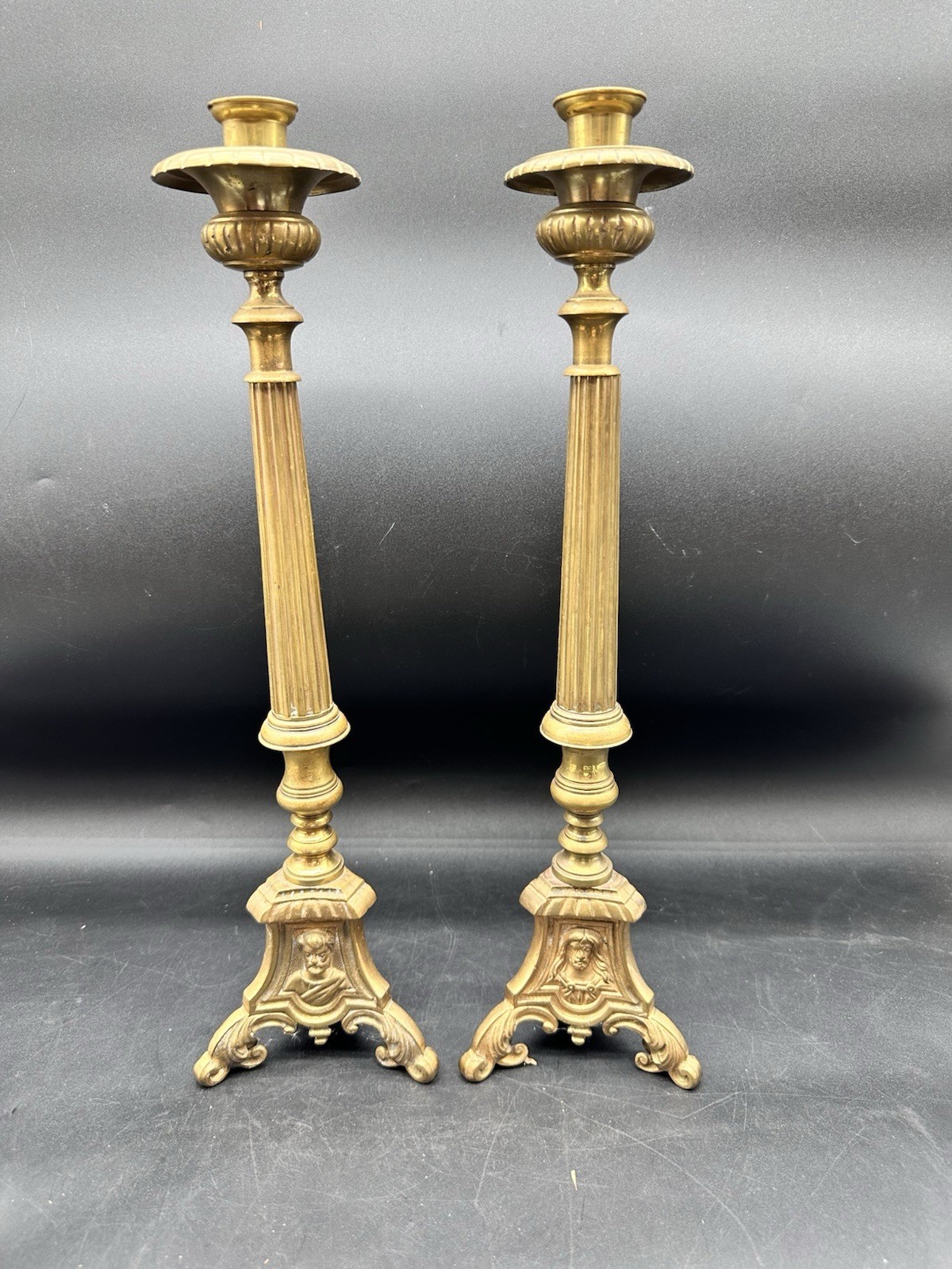2 Antique Brass Jesus Mary Joseph Church Altar Candlesticks Brass Candlesticks