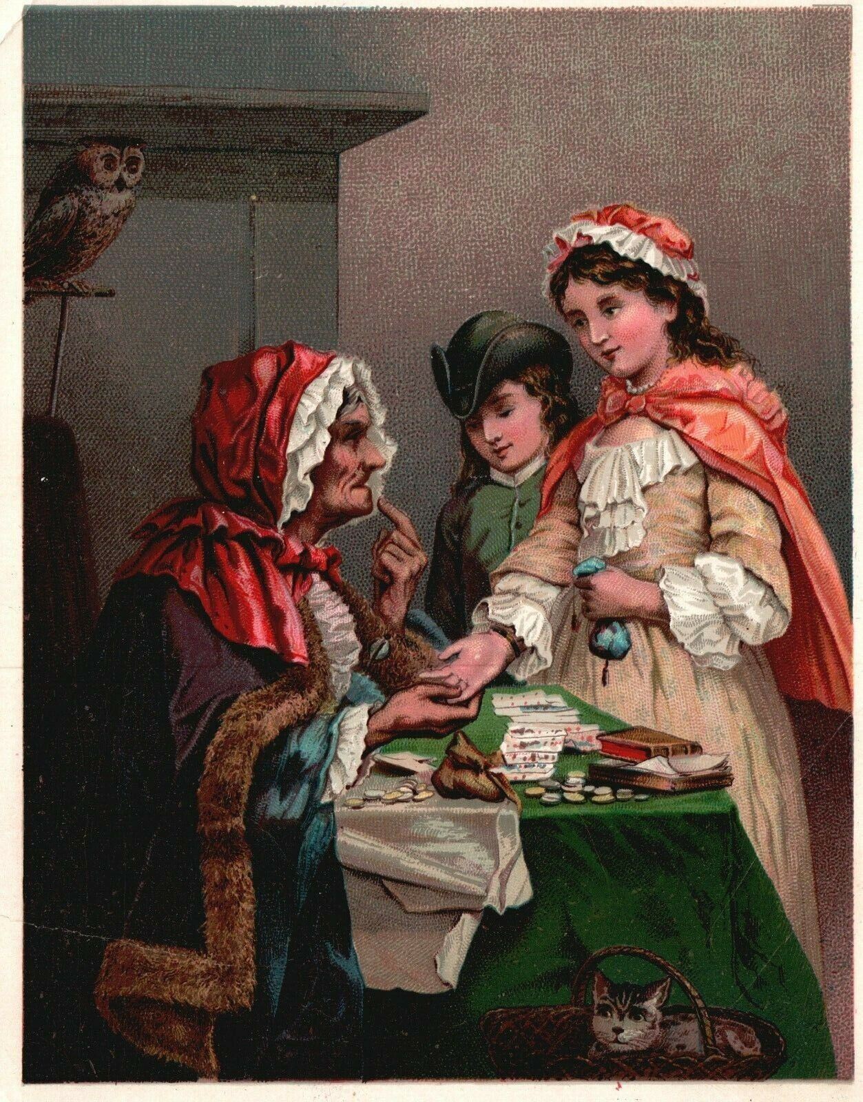 1880s-90s Older Gypsy Reading Girls Palm Fortune Teller Geo Beaks Trade Card