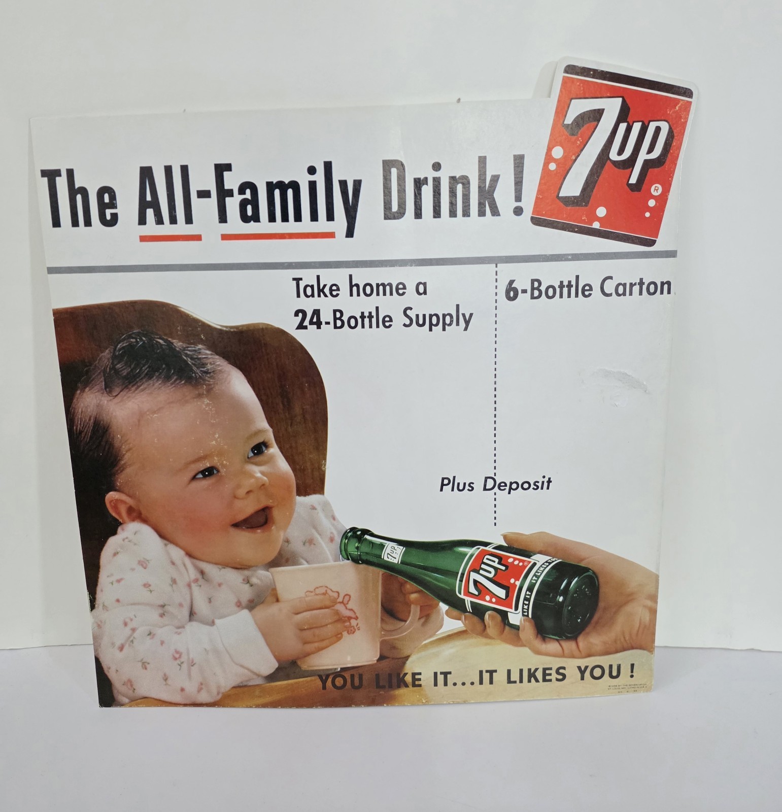 Vintage 1956 7Up Soda Cardboard Sign Baby All-Family Drink Litho Display 14
