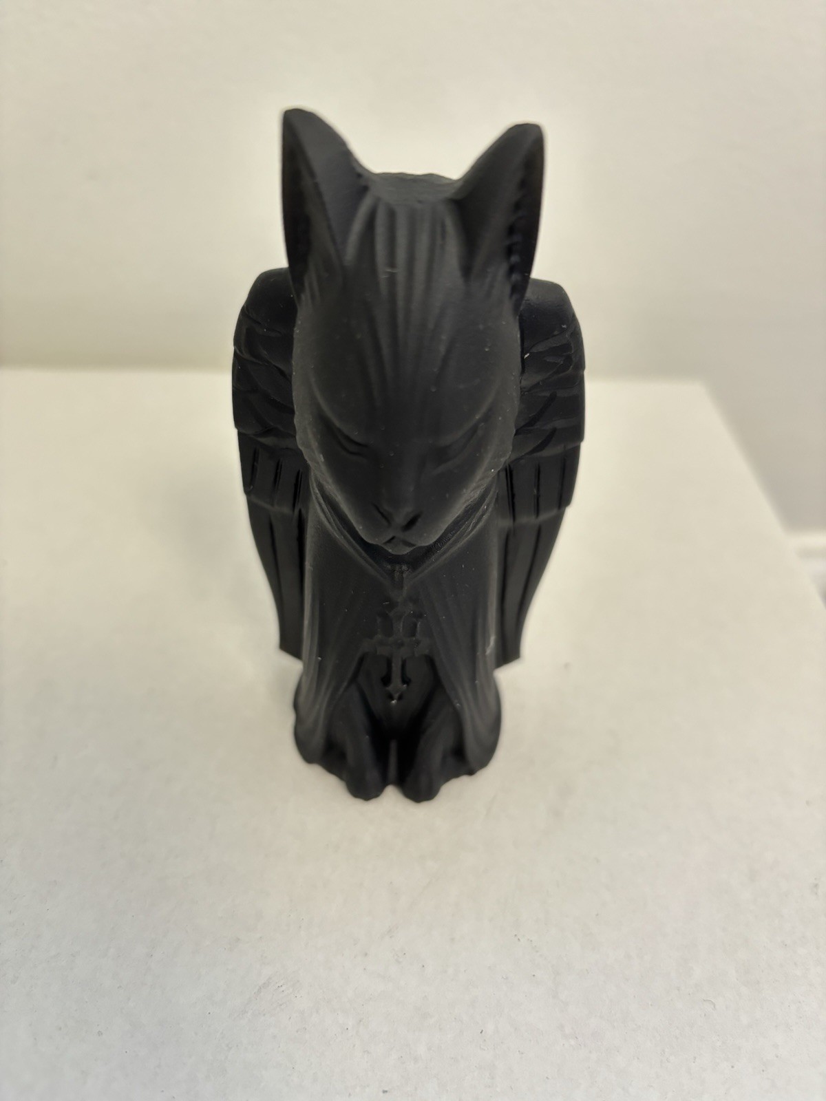 Black Obsidian Winged Cat Sphinx Figurine Crystal Carved Gothic Statue Occult