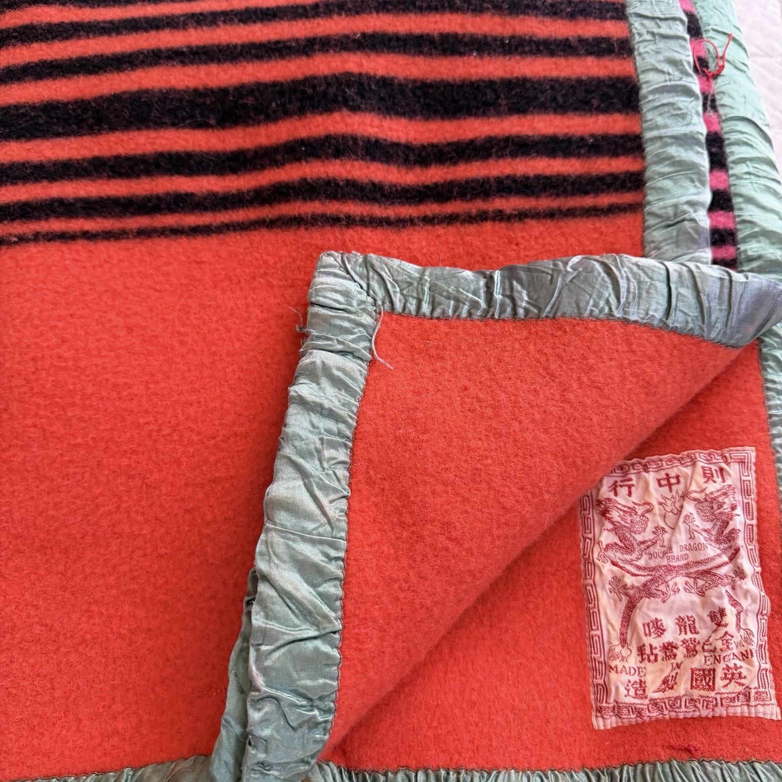 Vintage 1960’s Double Dragon Brand England Wool Blanket Red Black Stripe 60x80