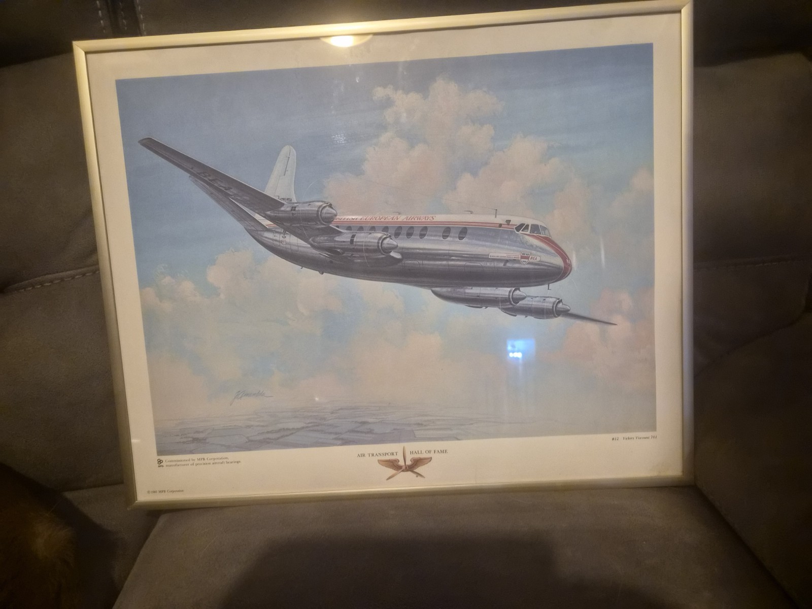 Vintage 1981 Framed Aviation Print - Vickers Viscount 701 BEA - John Amendola 