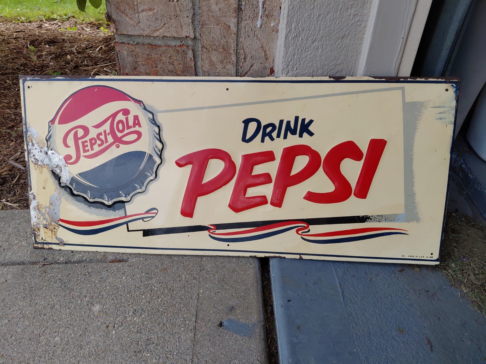 c.1952 Original Vintage Drink Pepsi Sign Metal Embossed Bottle Cap RARE Soda c.1952 Original Vintage Drink Pepsi Sign Metal Embossed Bottle Cap RARE Soda