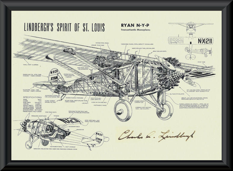 Charles Lindbergh Autograph Reprint Diagram of Ryan-M2 On Fine Linen Paper P049