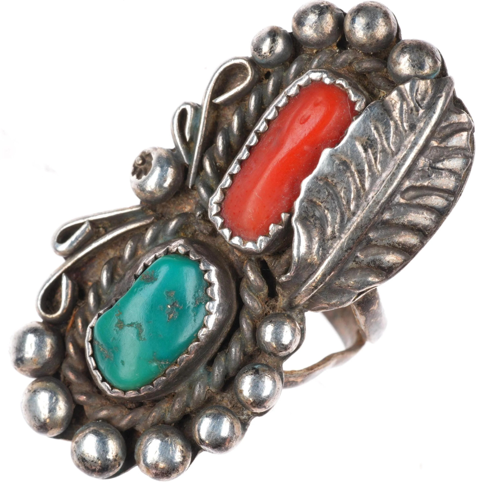 sz7 vintage Navajo sterling silver turquoise and branch coral long ring sz7 vintage Navajo sterling silver turquoise and branch coral long ring