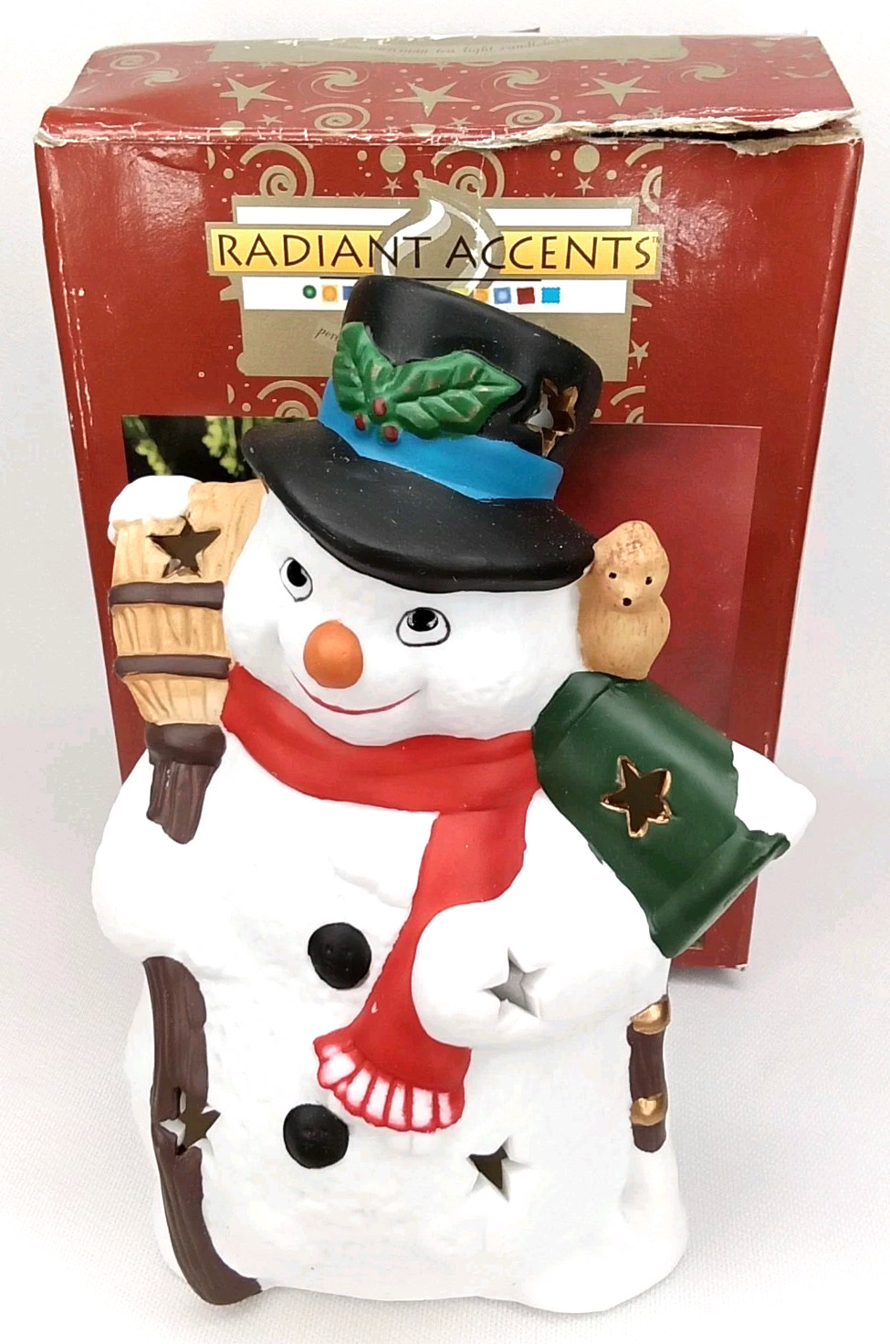 Vintage 1990s Radiant Accents Porcelain Snowman Candle Holder With Original Box