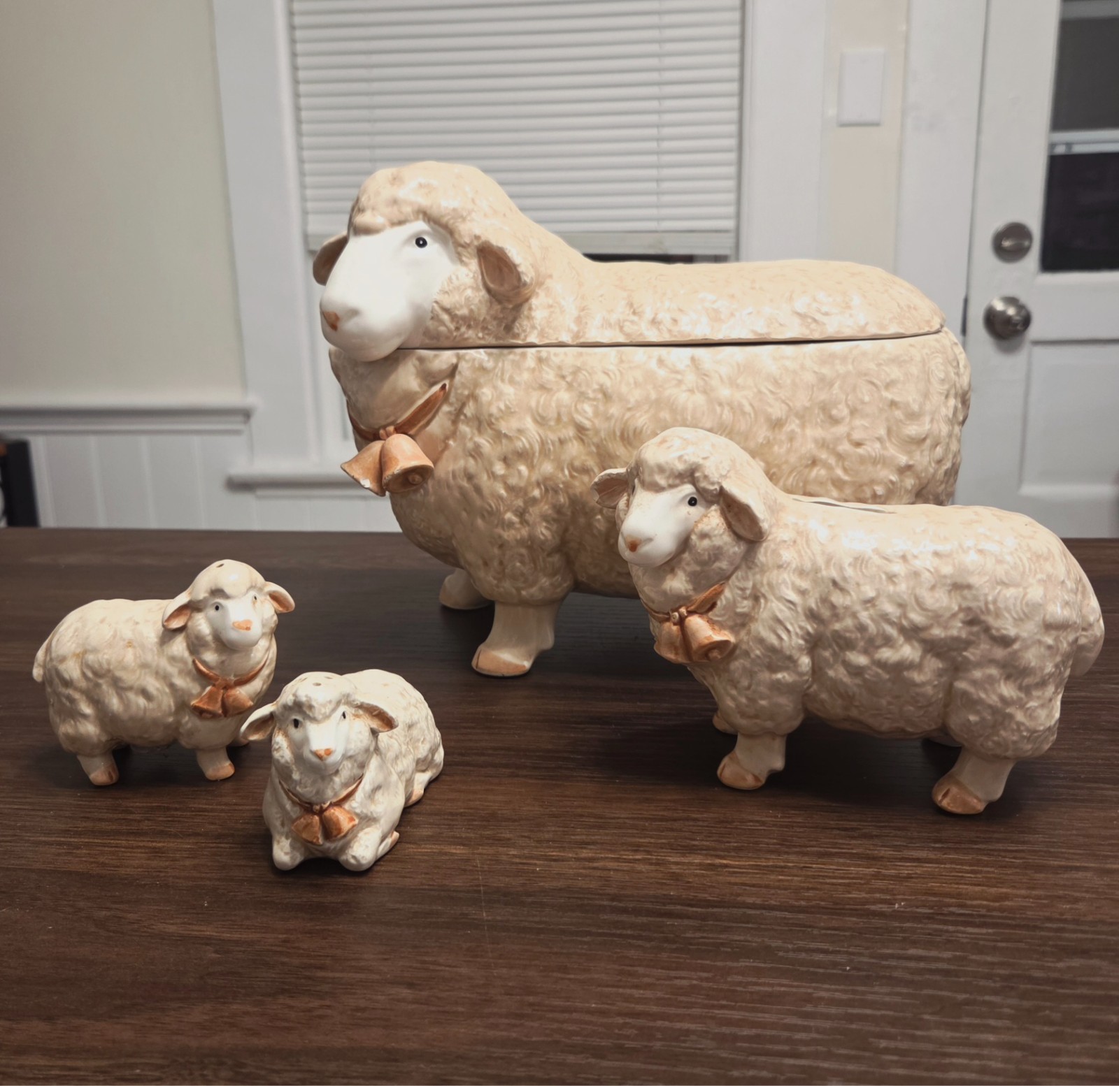 Otagiri ceramic figural sheep family Cookie Jar, bank, salt and pepper Otagiri ceramic figural sheep family Cookie Jar, bank, salt and pepper