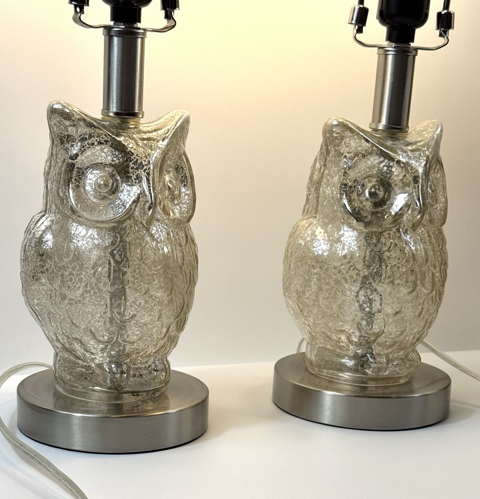 Pair 19” Mercury Glass Owl Table Lamps Silver Chrome Figural Accent Lamps