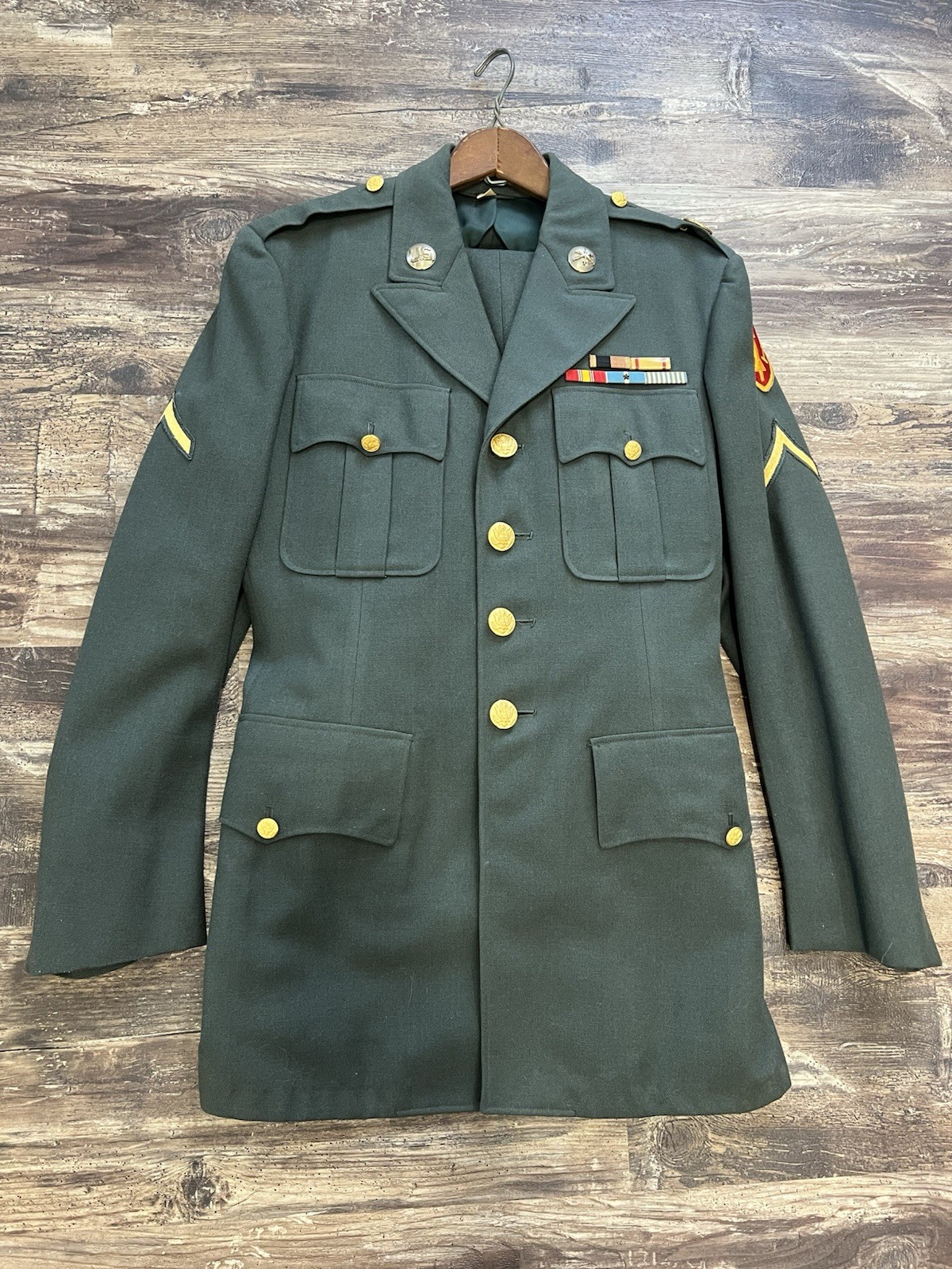 Vintage US Army Green Dress Uniform Jacket & Pants with Ribbons, Patches