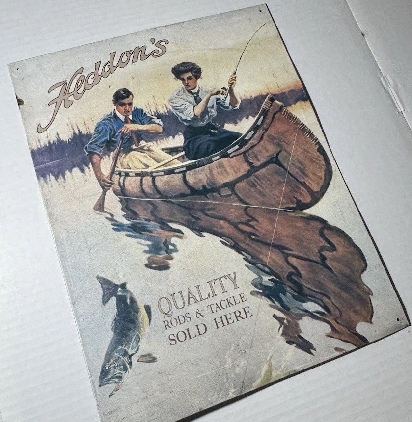 Vintage Heddon’s Advertising Tin Sign Quality Rods & Tackle Sold Here USA