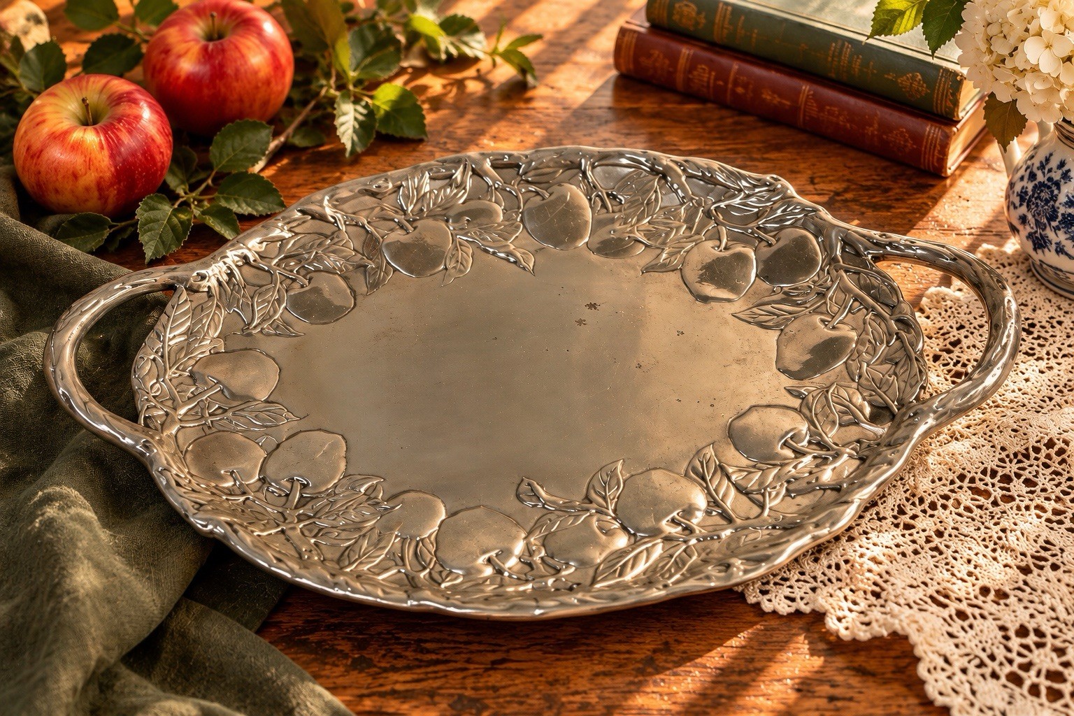 Vintage 1989 Arthur Court Cast Aluminum Serving Tray | Apple Fruit & Leaf Border