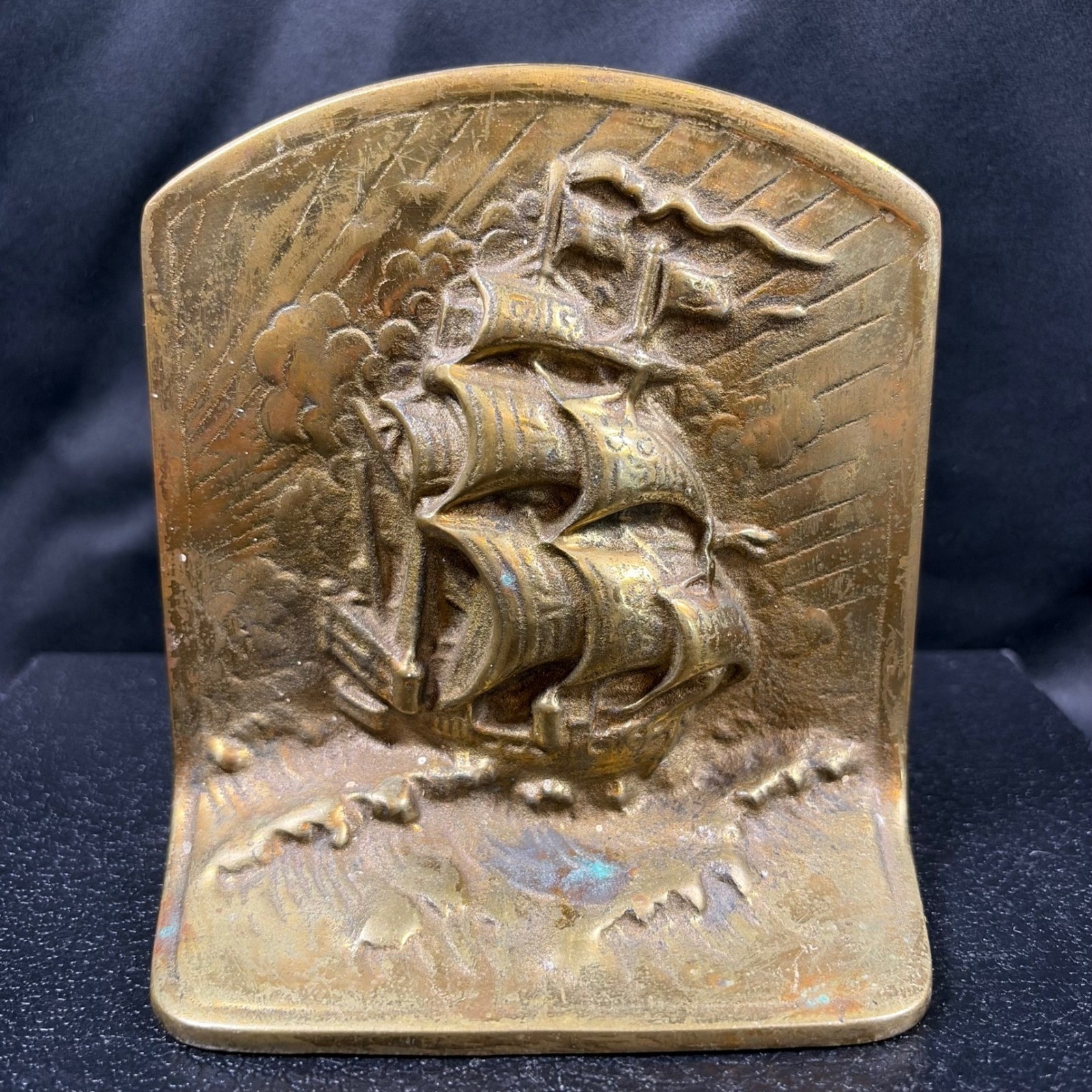 Vintage Brass Sailing Ship Bookend Nautical Galleon Art Deco Maritime Decor