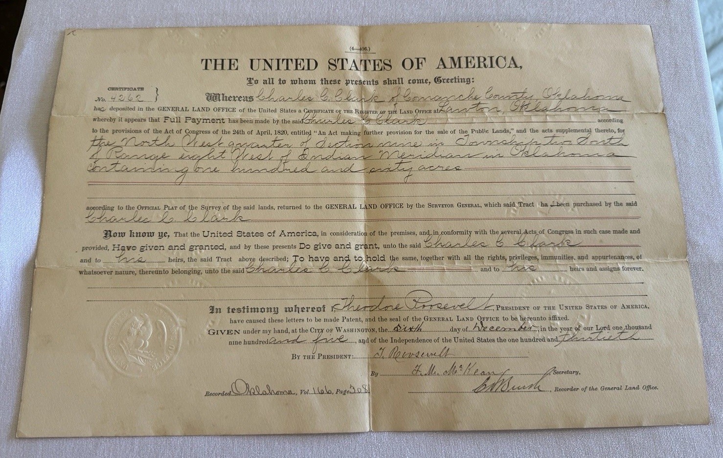 1905 OKLAHOMA TERRITORY US Land Patent 160 Acres THEODORE ROOSEVELT Era GLO