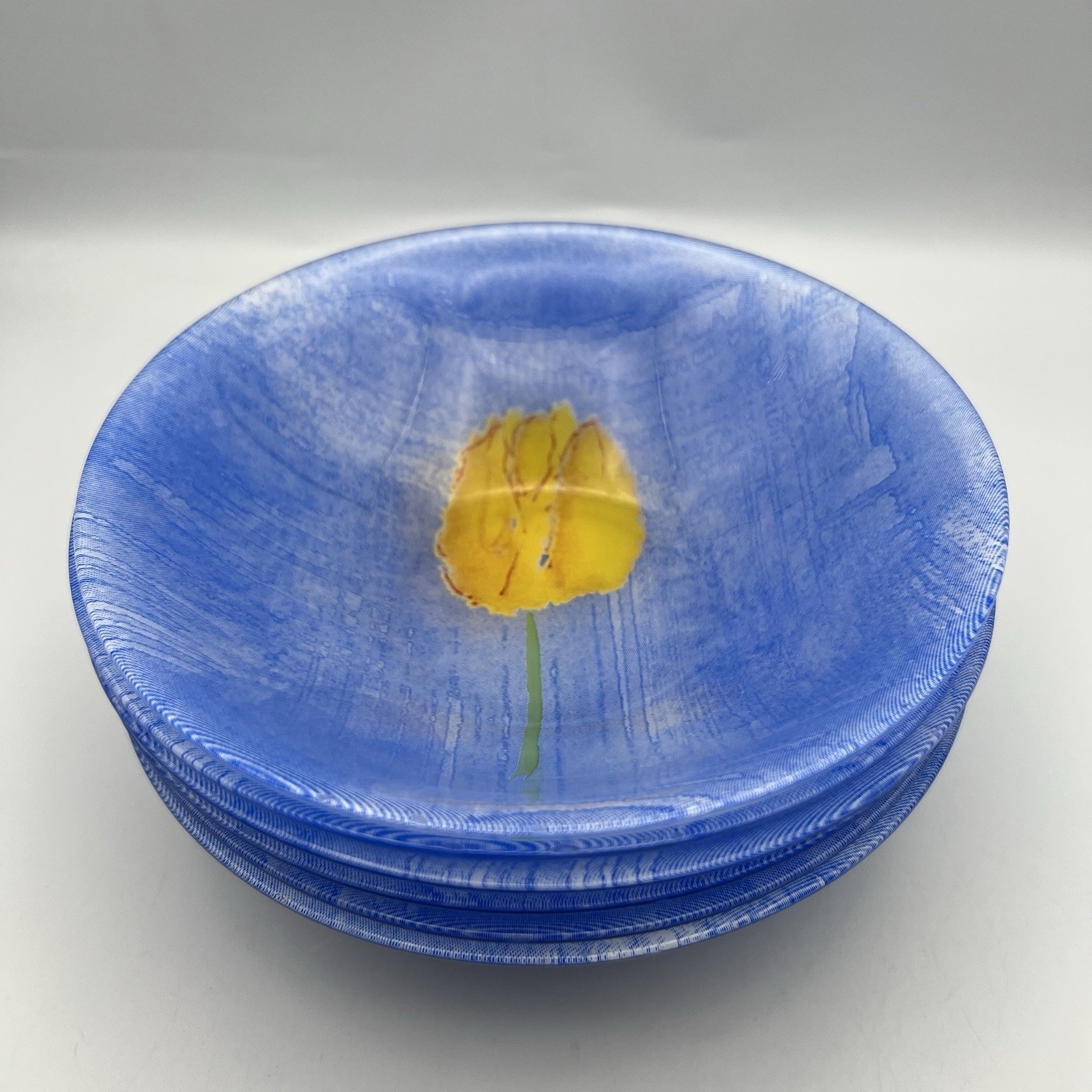 6 Luminarc ARC France Arcopal Blue Glass Yellow Tulips Bowls 6.5” France 6 Luminarc ARC France Arcopal Blue Glass Yellow Tulips Bowls 6.5” France