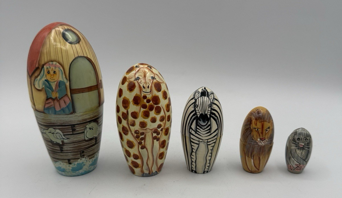 Vintage Noahs Ark Wood Nesting Animals Dolls Hand Painted Set of 5 Vintage Noahs Ark Wood Nesting Animals Dolls Hand Painted Set of 5